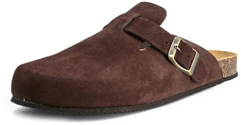 JOMIX Zuecos Mujer Punta Cerrada Zapatillas de Casa Antideslizantes con Hebilla Mules Cómodos con Plantilla de Corcho Anatómica Efecto Ante para Oficina Hogar y Estilo Casual ESW2532 Marron 38