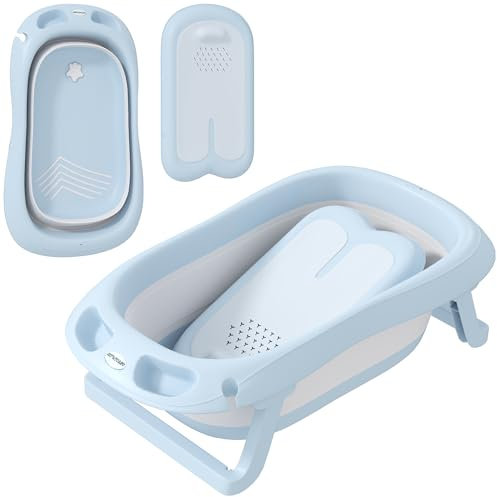 AIYAPLAY Bañera Plegable Bebé con Soporte 83x48x23,5 cm, Bañera Bebé 0-3 Años con Agujero de Ducha y Orificio de Drenaje, Azul Claro