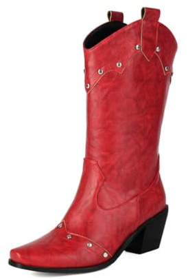 Women's Western Cowboy Boots with Studded Detailing Pointed Toe Mid Block Heels Faux Leather Casual Fashion Boots,Red,6.5 UK