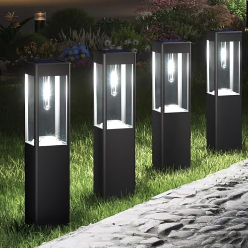 Joomer Lampe Solaire Exterieur Jardin Carré, Lot de 4 Lumiere Solaire Exterieur Jardin Étanche Blanc, Borne Solaire Exterieur Interrupteur Automatique Éclairage pour Terrasse Pelouse Patio Allée