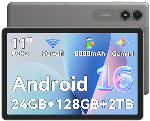 VekfulPC Android 16 Tablet 11 Inch Tablet, 24GB RAM (6+18GB Expansion) + 128GB ROM, Equipped With Gemini AI, Octa-Core T7250 Processor, 90Hz IPS Display, 8000mAh Battery,4-Year Warranty, Grey
