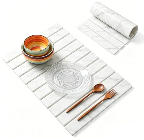 Tappetino scolapiatti, 60 x 40 cm, assorbe l'acqua, in pietra pieghevole, per lavello, resistente al calore, per macchina da caffè, tazze, marmo bianco