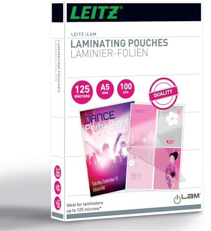 Leitz Varmlamineringsfolier A5 125 mic, högkvalitativa lamineringsfilmer i 100-pack, med rundade hörn, transparent, glänsande, för användning hemma eller på kontoret, 33807