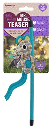 Rosewood Jolly Moggy Mr. Mouse Teaser Cat Toy - Interactive Wand Teaser Toy with Catnip-Infused Mouse for Fun and Engaging Playtime