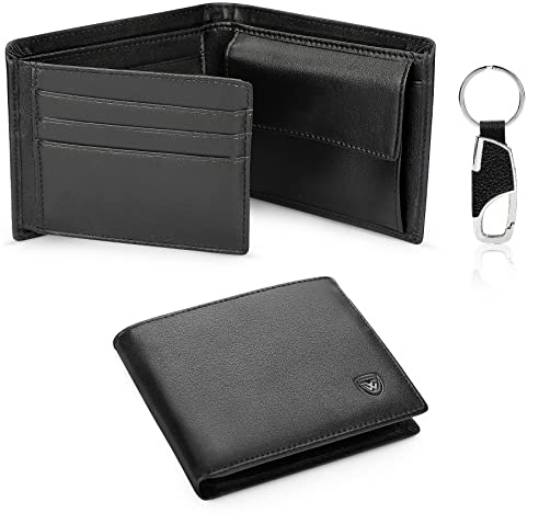 Wilbest Negro Billeteras Hombre, Cartera de Piel, Carteras Cuero, Tarjetas de Crédito Slim Moda RFID Bloqueo Monedero (+Botones de Llaves) Hecho a Mano