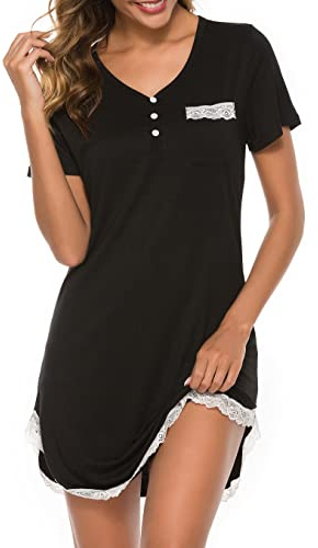 Vlazom Chemises de Nuit Femme Robe de Nuit à Manches Courtes Vêtement de Nuit Col en V Ete Bordure en Dentelle