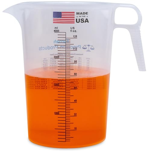 One Gallon 128oz Measure Pitcher - Convenient Conversion Chart - Strong Food Grade - Great for Lawn, Chemicals Pool, Ag, Lye, Home Hobbies, Motor Oil, Fluids - Turnah Precision Products, Made in USA