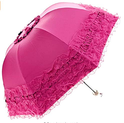 zmgmsmh Foldable Travel Umbrella Compact UV Resistance Princess Lace Parasol Sun Umbrella for Women Girls (Rose red)