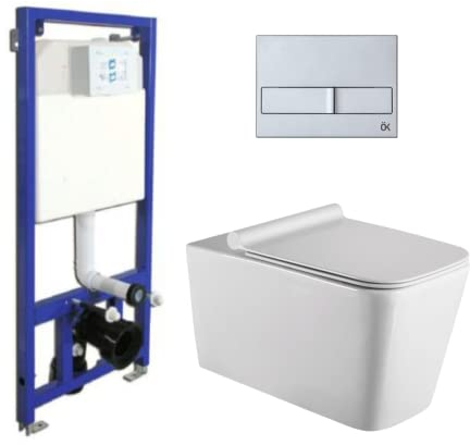 Pack Inodoro Suspendido con Cisterna Empotrada con Pulsador Cromo | Wc Inodoro Suspendido Cuadrado Rimless Sin Bridas de Fondo Reducido y Asiento Extrafino con Caída Amortiguada + Cisterna + Pulsador