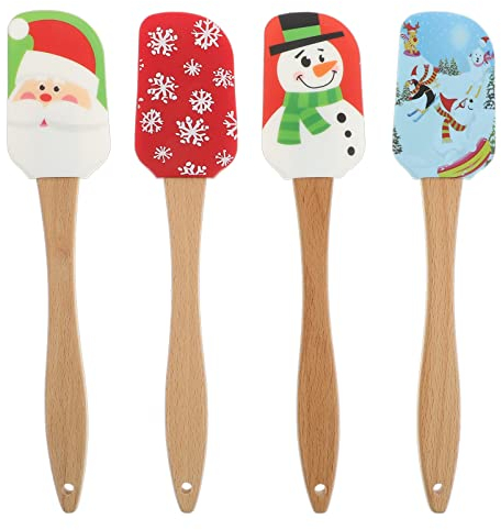 YARNOW Silikon Spatel Weihnachten Thema Spachtel Teigschaber mit Holzgriff Hitzebeständig Antihaft Spatula Kuchencreme Butter Spatel Mischschaber für Backen Kochen Rühren 4 Stück