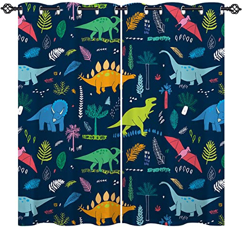 ANHOPE Cartoon Dinosaur Blackout Thermal Curtains 2 Panels W 46 x L 54 | Eyelet Top, Jungle Dino T‑Rex Print, 80% Black out, Soundproof, Kids Boys Girls Window Drapes for Bedroom Living Room