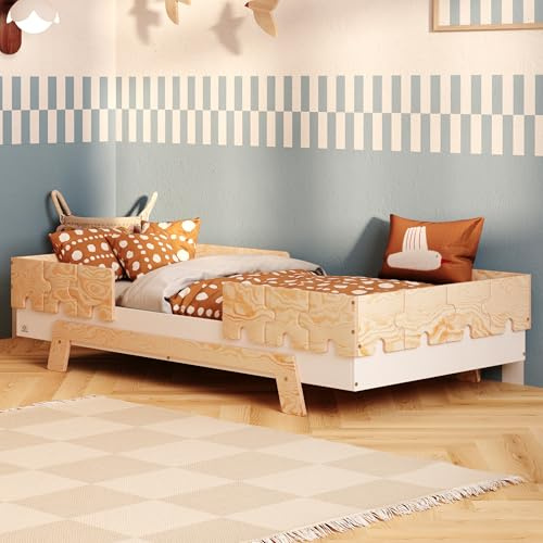 smartwood Kinderbett 90x200 6in1 - Montessori Bett aus Naturholz in Weiß mit Rausfallschutz & Lattenrost bis 230 kg - Kinderbett ab 2 Jahre für Kinder - FSC-Zertifiziert - Puzzle BR2