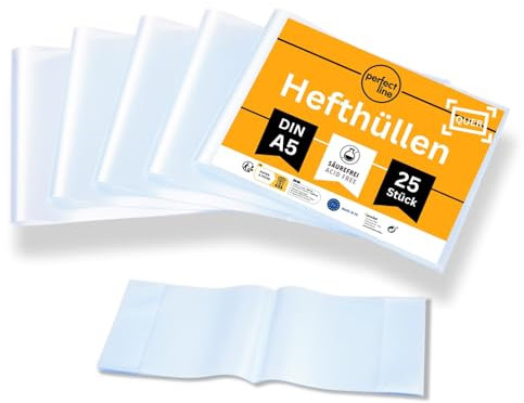 perfect line 25 Heft-Hüllen QUERFORMAT DIN-A5, Heftumschlag transparent & genarbt, Heftschoner aus recyclebarem Polypropylen (PP), Made in EU