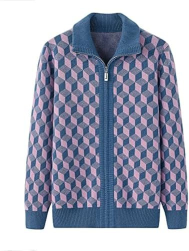 Kaschmir-Strickjacke Mit Verdicktem Kragen, Unregelmäßigem Karo-Reißverschluss Für Damen,Blau,4XL