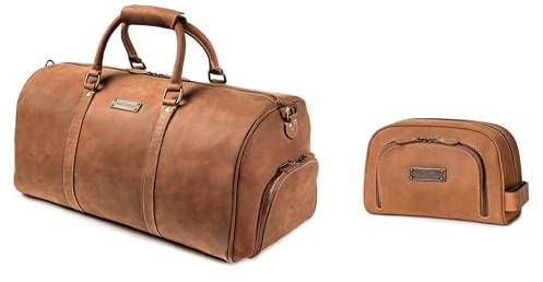 DRAKENSBERG Set/2 Leder Weekender 'Finn' & Kulturbeutel 'Ben' - Reisetasche Herren, Damen mit passender Kulturtasche - Cognac-Braun, DR-SET-919