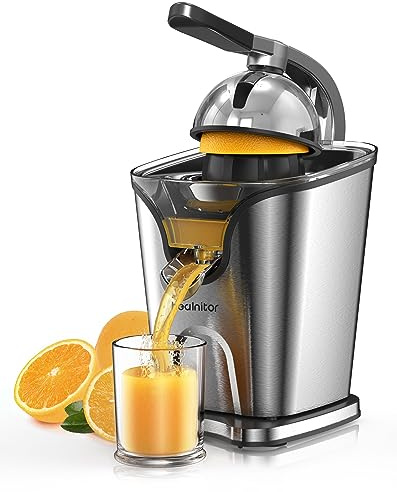 Healnitor Exprimidor eléctrico de cítricos de 150 W con 2 conos, máquinas extractoras de zumo de naranja silenciosas de acero inoxidable para lima, toronja, limón, diseño desmontable
