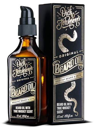 Dick Johnson huile barbe homme 50 ml – Parfum whisky vanille bergamote – Soin barbe avec argan jojoba amande cassis – Barbe douce sans démangeaisons & style affirmé – Made in Finlande