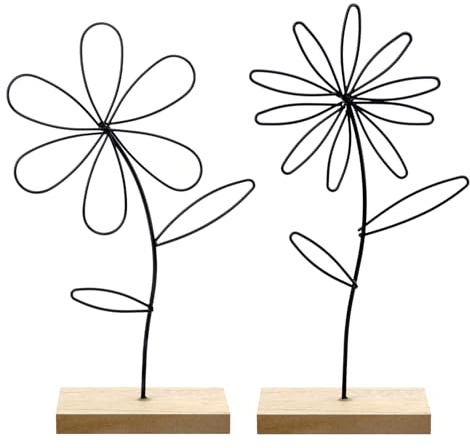 VOSSOT Aufsteller Blume 2er Set Premium Metall-Blume auf Holz-Sockel, Dekoaufsteller Blumen Arrangement Ornamente, Metallring Blumen Dekoring, Deko-Blume aus Metall zum Hinstellen und Verschenken