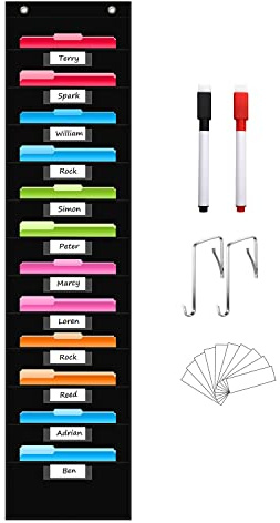 ANSTROUT 12 Pockets Storage Pocket Chart with 12 Name Tag Pockets,Hanging Wall File Organizer for File Folders with 2 Dry Erase Black Markers, Organize Your Assignments, Files, Scrapbooks(Black)