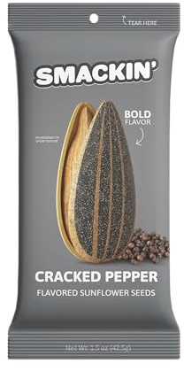 SMACKIN' Sunflower Seeds, Roasted Jumbo Small-Batch, American Made - Cracked Pepper. 1.5oz bags (6 Pack)