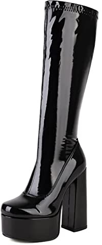 Gicoiz Mujer Punta Rojoonda Charol Tacón Chunky Botas Elásticas Plataforma Noche Moda Tacón Ancho Fiesta Zapatos Largas Negro/Knee High Talla 37 EU-38Cn