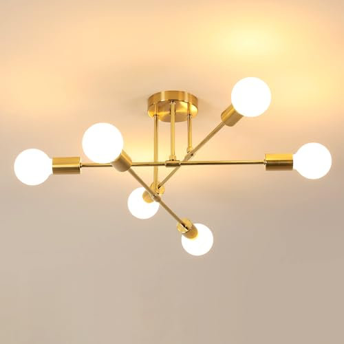 DELIPOP Lampadario Sputnik, 6 Luci E27 Plafoniera Soffitto Vintage in Metallo, Oro Lampada da Soffitto Moderno Regolabile di 180° per Soggiorno, Camera da Letto, Cucina, Corridoio