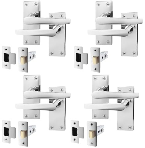 EAI Polished Chrome Door Handle & Latch Set | 4 Pairs Internal Handles on Backplate with Latch (64mm) | Straight Pattern
