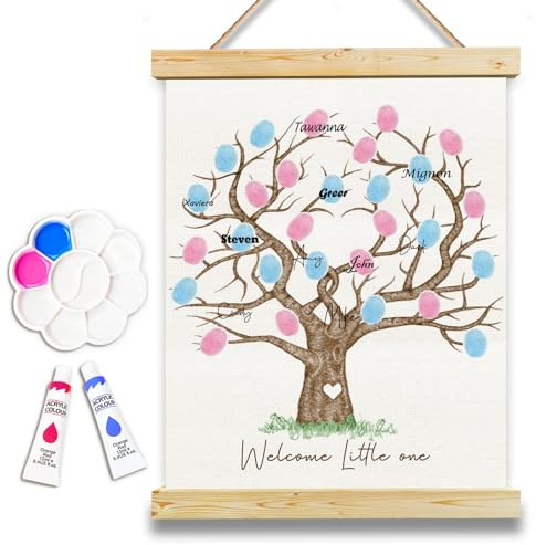 QZCYU Gender Reveal Fingerprint Tree Canvas Guest Books, Baby Shower Decorations, Gender Reveal Party Decorations Gifts Ideas, Baby Shower Party Supplies, Thumbprint Hanging Paintings(12x15in)