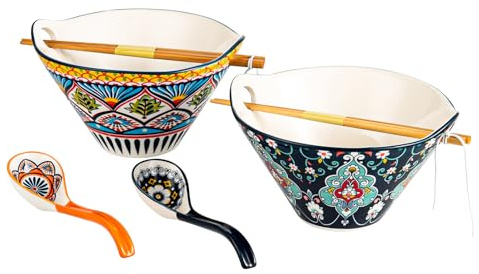 HENXFEN LEAD Japanese Ramen Bowl Set Porcelain, 2 Pieces 780ml Colourful Soup Bowl with Chopsticks and Spoon - Bohemian Style