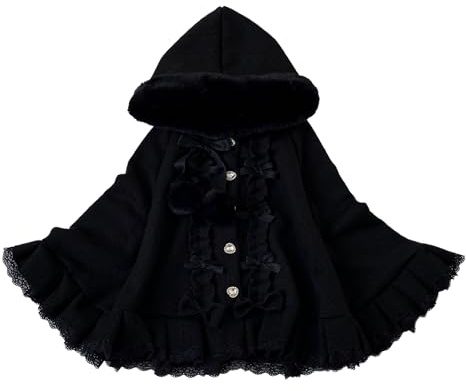 Cuteighteen Kawaii Lolita mantel med huva tonåringar cape fleecefodrad jacka vinterrock huvtröja spetskant poncho tröja, Svart, one size