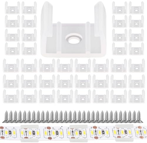 50 Clips de Montaje para Tiras LED, (Tornillos Autorroscantes de Acero Inox 304) Clips Translúcidos e Impermeables para Tiras LED de Silicona 12 mm a 14 mm Soporte
