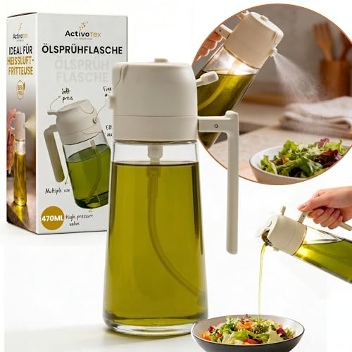 ActivoTex Dispensador de Aceite y Spray para Cocina 2 en 1 - Aceitera de Cristal de 470 ml - Pulverizador de Niebla Fina, ideal para freidora de aire, ensaladas y barbacoa