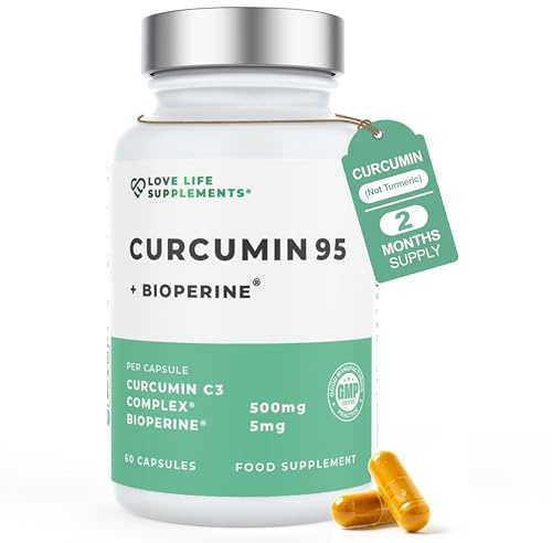 Curcumin 95 + Bioperine® by LLS | High Strength Turmeric Curcumin Capsules containing 96.9% Curcuminoids and Black Pepper Extract | 500mg x 60 Veg Capsules | Made in UK Under GMP/BRC License