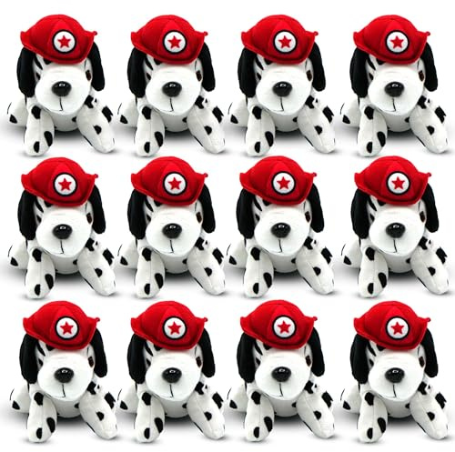 4E's Novelty 12 Pack Dalmatians Stuffed Animals - Soft Stuffed Dalmatian Dog Plush, 6” Small Dalmatian Puppy Plush with Fire Hat, Dalmatian Dog Toy for Kids, Birthday Party Favors