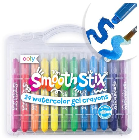 Ooly Smooth Stix Gel Crayons for Kids and Adults with Paint Brush - Set of 24 Watercolor Rainbow Crayons for Glass and Paper with Case, Twist-Up Gel Crayon Set