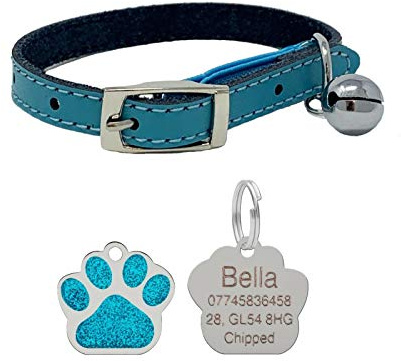 Leather Cat Collar, Safety Elastic Bell & Engraved Glitter Tag (Blue)