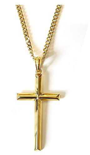 Lifetime Bling 14K Gold Chain Cross Pendant Necklace for Men, Women 14ct w/real strong Solid Clasp Miami Cuban Link style Beveled Edges (24)