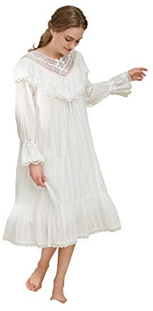 QIKEGooods 100% Cotton Victorian Nightgown Ladies Long Sleeve Nightdress Women Pajamas Sleep Shirt white