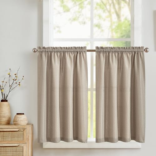 TOPICK Tende da cucina corte con motivo a nido d’ape e passante, schermanti, per sotto il lavandino, finestra, porta, armadio, soggiorno, 90 x 90 cm, confezione da 2 pannelli