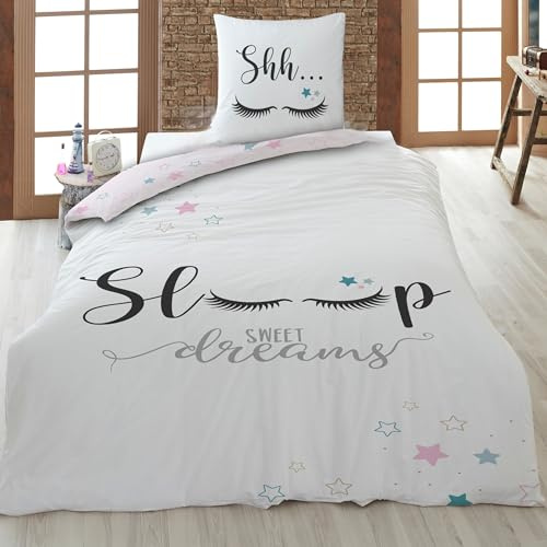 Familando Bettwäsche Set für Mädchen aus 100% Baumwolle (2-teilig), rosa - Decken- & Kissenbezug 135x200 80x80 cm - Jugendbettwäsche mit Wimpern und Sternen - Hautfreundlich & atmungsaktiv, Öko-Tex