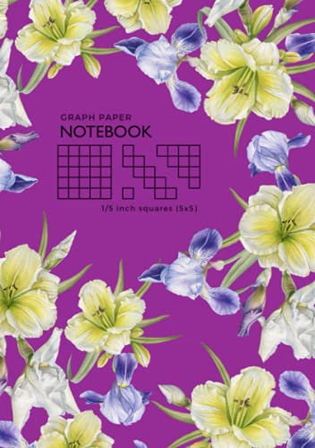 Graph Paper Notebook 1/5 Inch Squares: A5 Medium Composition Book Quad Ruled for Math / Science | 5 Grids per Inch - 5x5 | Daylily Iris Floral Design Purple