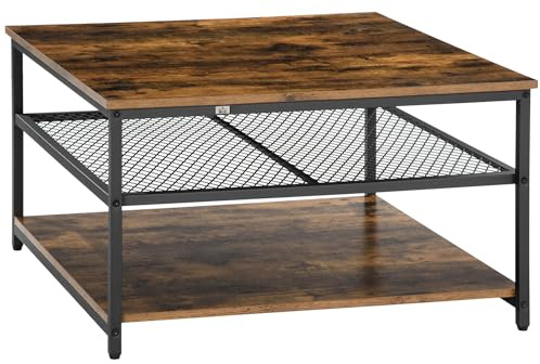 HOMCOM Coffee Table, Living Room Table with 3-Tier Storage Shelves, Square Tea Table for Home Office, Rustic Brown