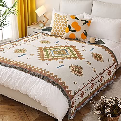LumiSyne Manta Disponible a Doble Cara Manta De Algodón Tejida con Borlas Estilo Etnico Bohemio Patrón Geométricos Decorativa Manta para Sofá Cama Silla Camping Tapiz Manteles Alfombra 180x130cm