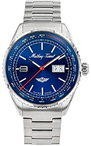 Mathey-Tissot Men's Atlas Swiss Quartz Watch – 43mm Stainless Steel Case with Coin Edged Bezel, Blue Dial with Date and Tachymeter, Stainless Steel Bracelet