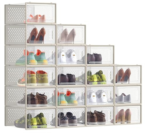 SONGMICS Scatole per Scarpe, Contenitori per Scarpe, Organizzatori Portascarpe Pieghevoli e Impilabili, Fino alla Taglia 43, Set di 18, Trasparente e Beige Cappuccino LSP066L18