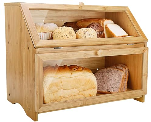 SG Traders Double Decker Bamboo Bread Bin 2-Layer Bread Box Eco-friendly Kitchen Storage Box with Lid for Freshness Natural, Organic, and Sustainable Food Storage Solution (Modern - Natural Wood)
