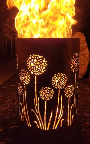 TiKo-Design Feuertonne Feuerkorb mit Motiv – Lagerfeuertonne mit Pusteblumen Motiv – Perfekt für gemütliche Gartenabende und stimmungsvolle Lagerfeuer