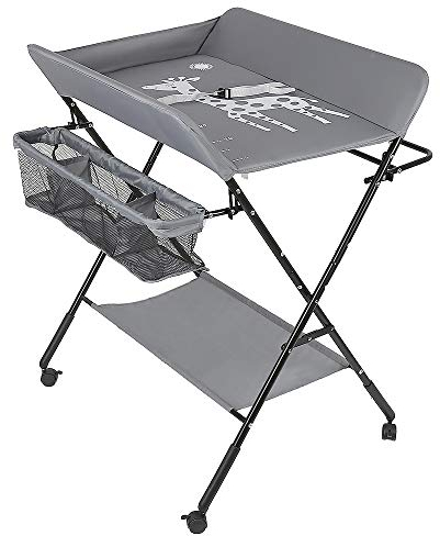 OHMG Table à langer pliable avec paniers et matelas à langer pour bébé,Table à Langer à Roulettes avec Panier de Rangement Positions Structure en Fer pour Nouveaux-Nés (A-Gris)