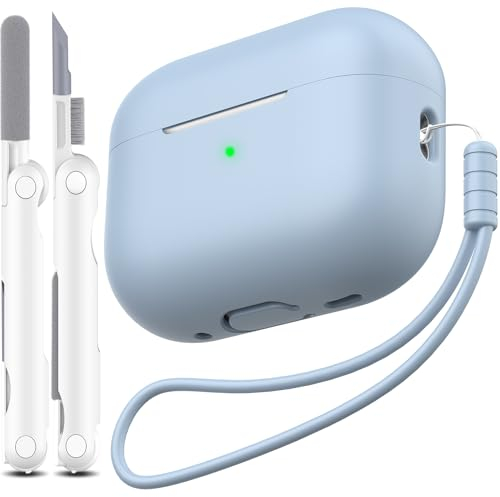 MHYALUDO Funda para AirPods Pro de 2ª generación, Funda para AirPods Pro de Silicona Suave anticaída de Grado Militar Que Absorbe los Golpes, Tacto de Piel con Llavero y Kit de Limpieza,Azul Cielo