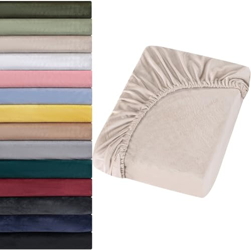 Soifox Jersey Warm Spannbettlaken 180x200cm bis 200x200cm Plüsch Fleece Samtweich Kuschelig Flauschig Cashmere Touch Bettlaken für Boxspringbett Topper Matratze Beige mit Gummizug